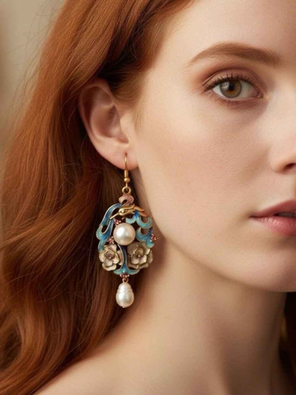 Medieval Pattern Earrings Pearl Tassel Animal Phoenix Traditional Cloisonne